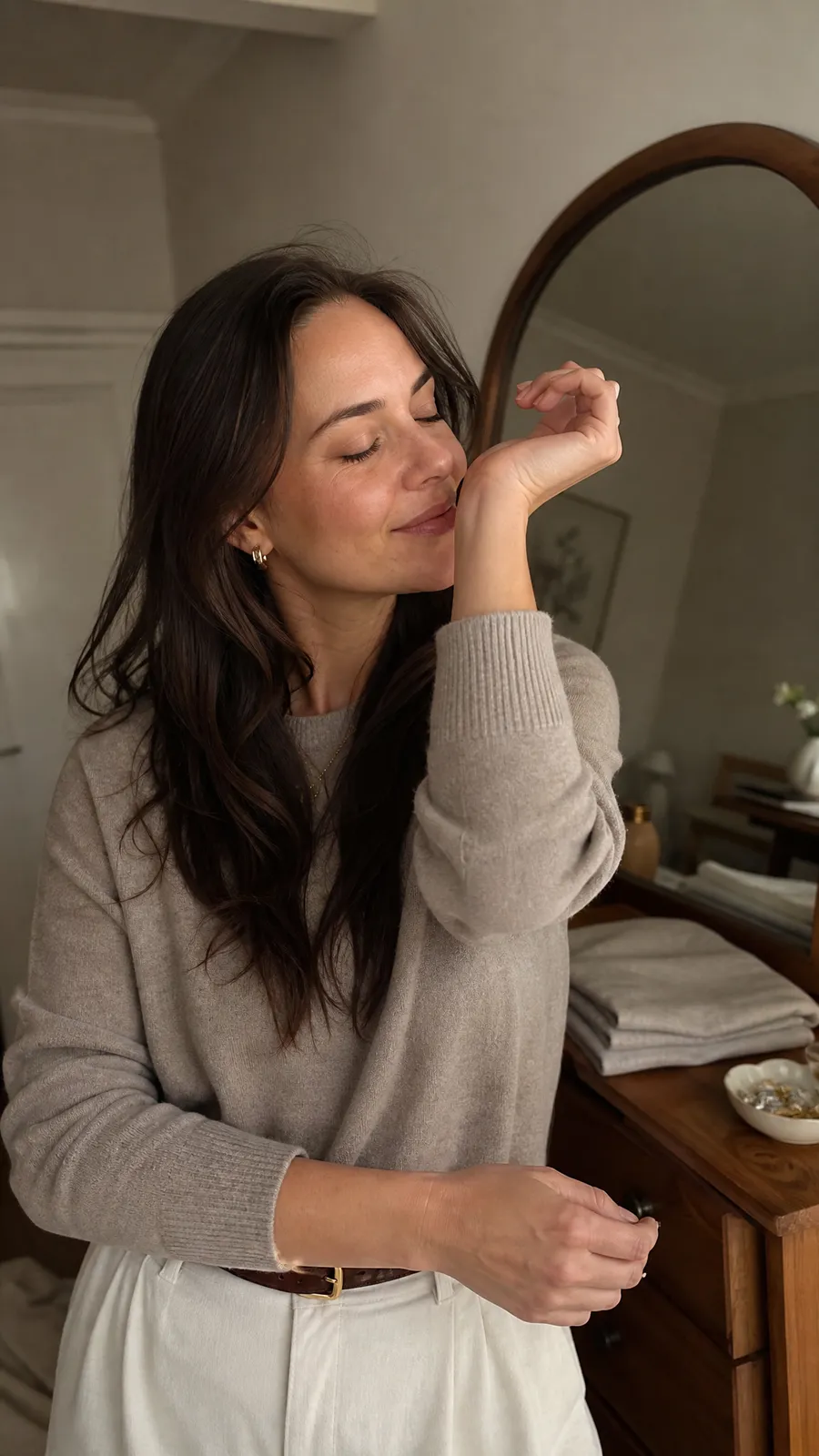 Checking a scent on the inner wrist in the mirror
