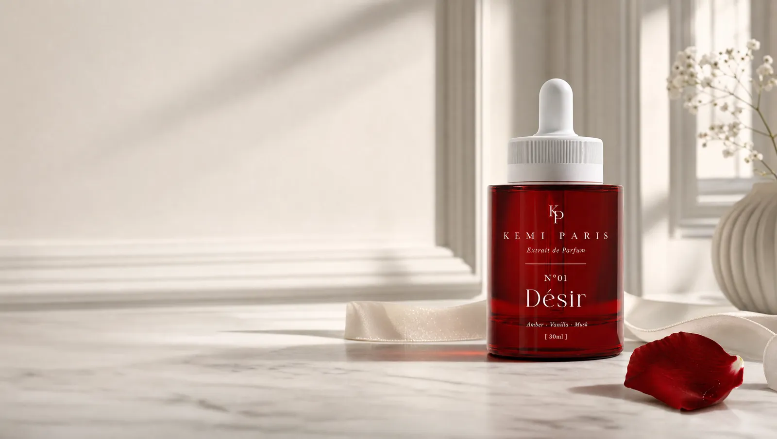 A perfume bottle on marble in soft morning light