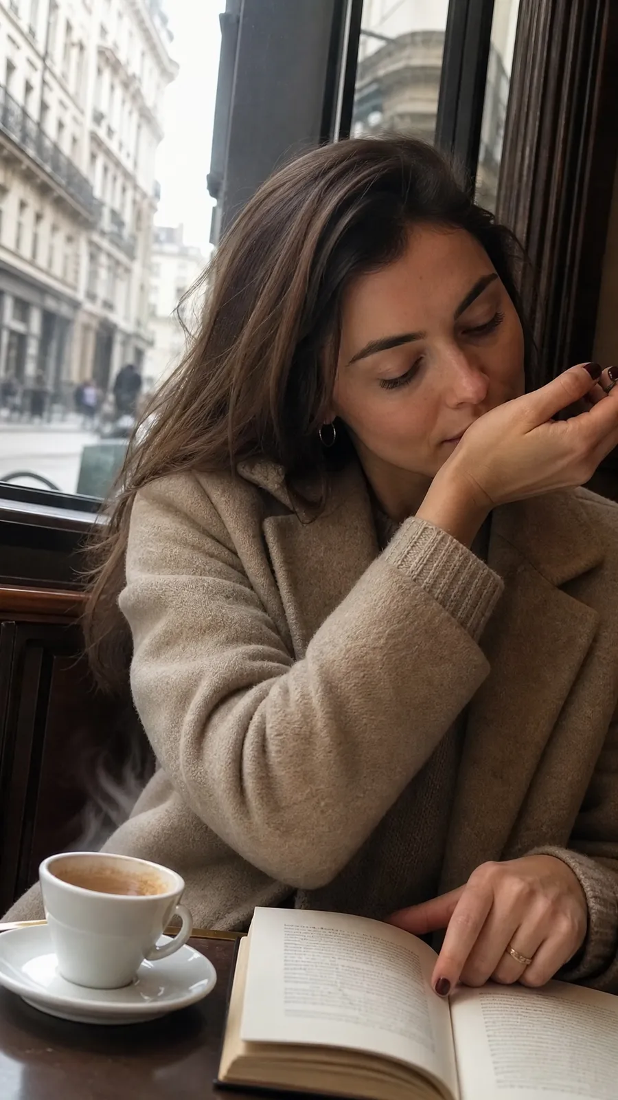 Testing a scent on the inner wrist at a quiet cafe